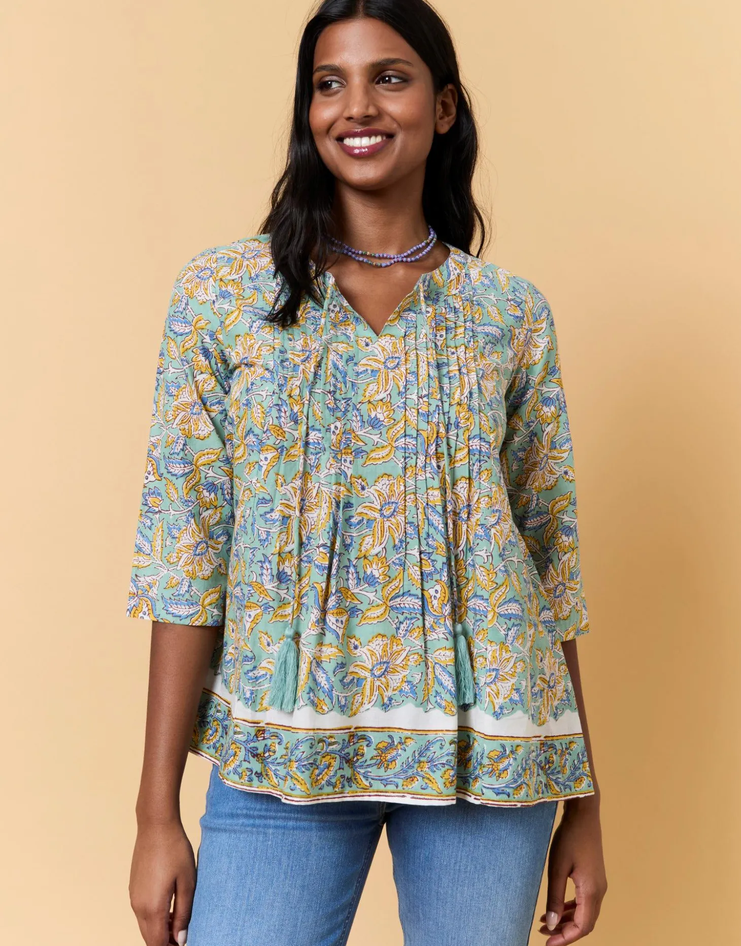 Blouse manches 3/4 imprimé à fleurs VERT PALE Femme