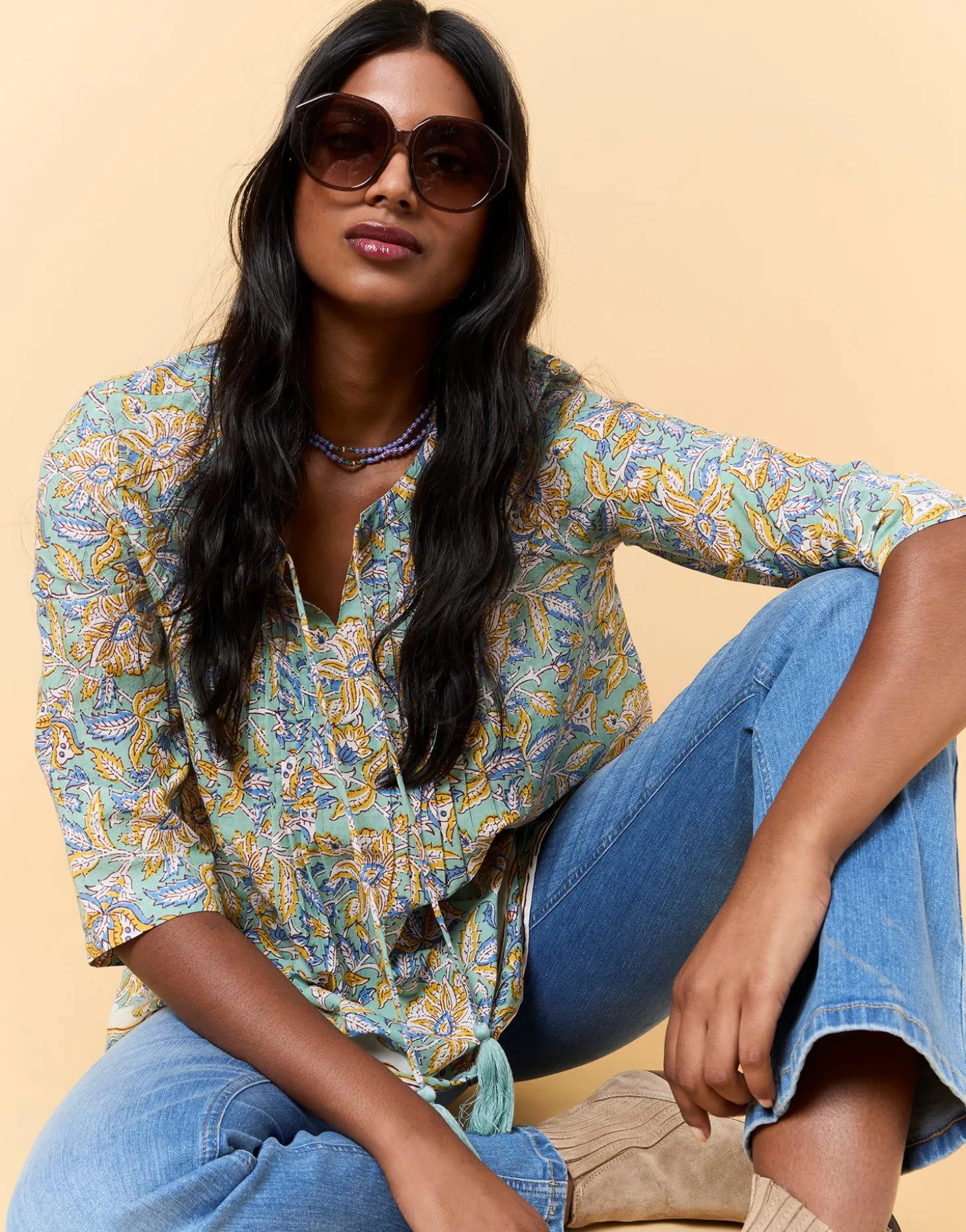 Blouse manches 3/4 imprimé à fleurs VERT PALE Femme