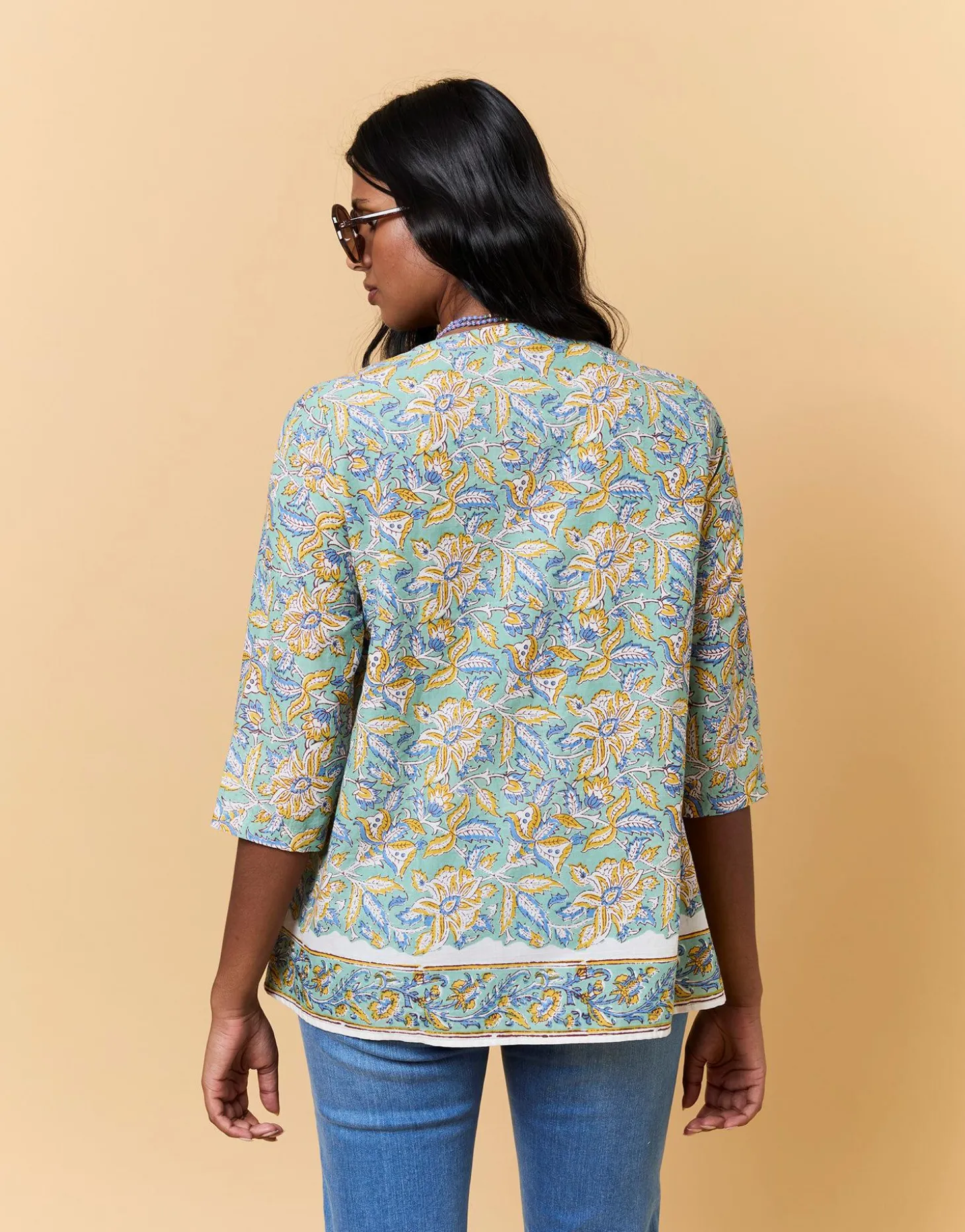Blouse manches 3/4 imprimé à fleurs VERT PALE Femme
