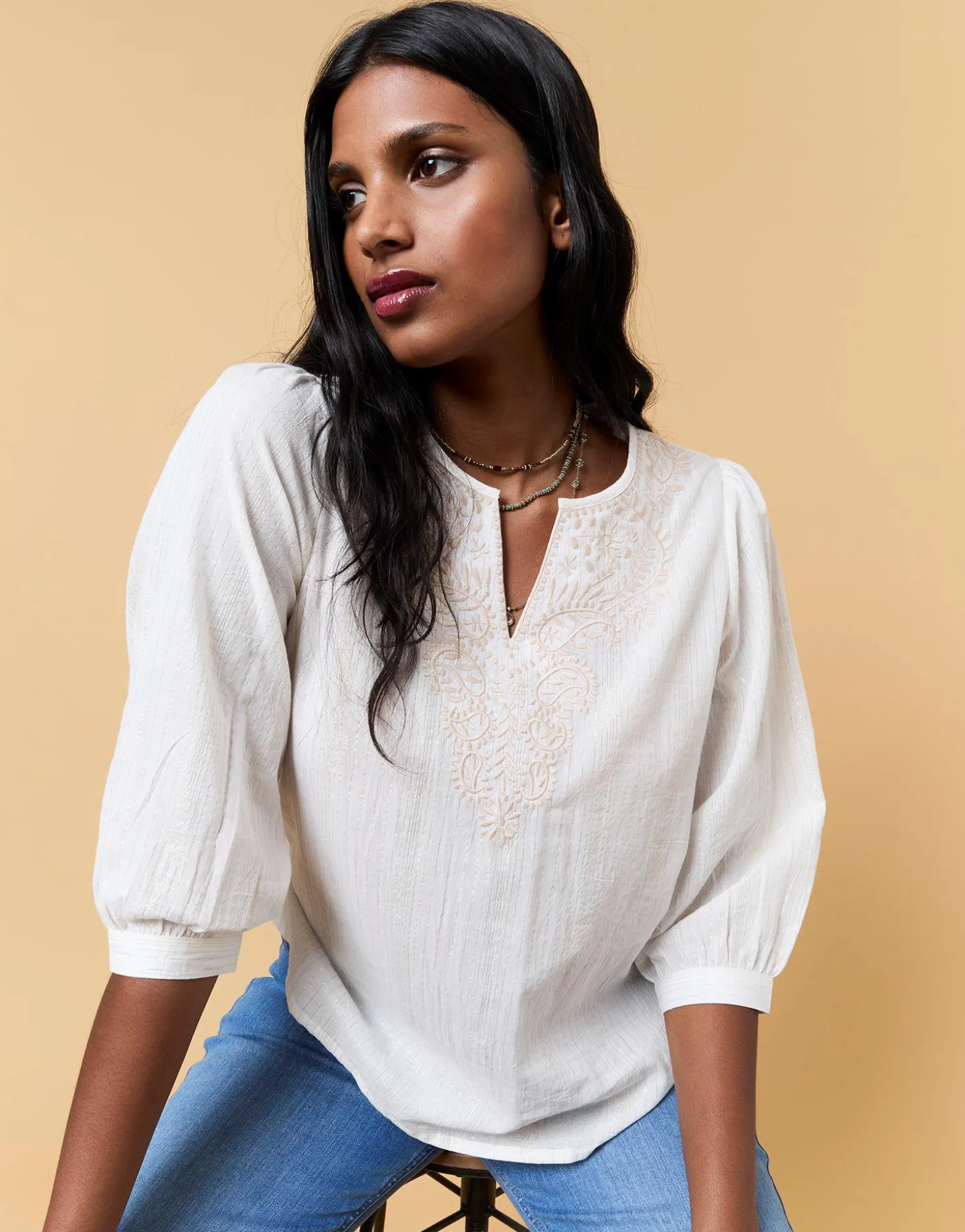 Blouse manches 3/4 unie ECRU Femme