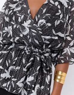 Blouse manches courtes imprimé graphique NOIR Femme