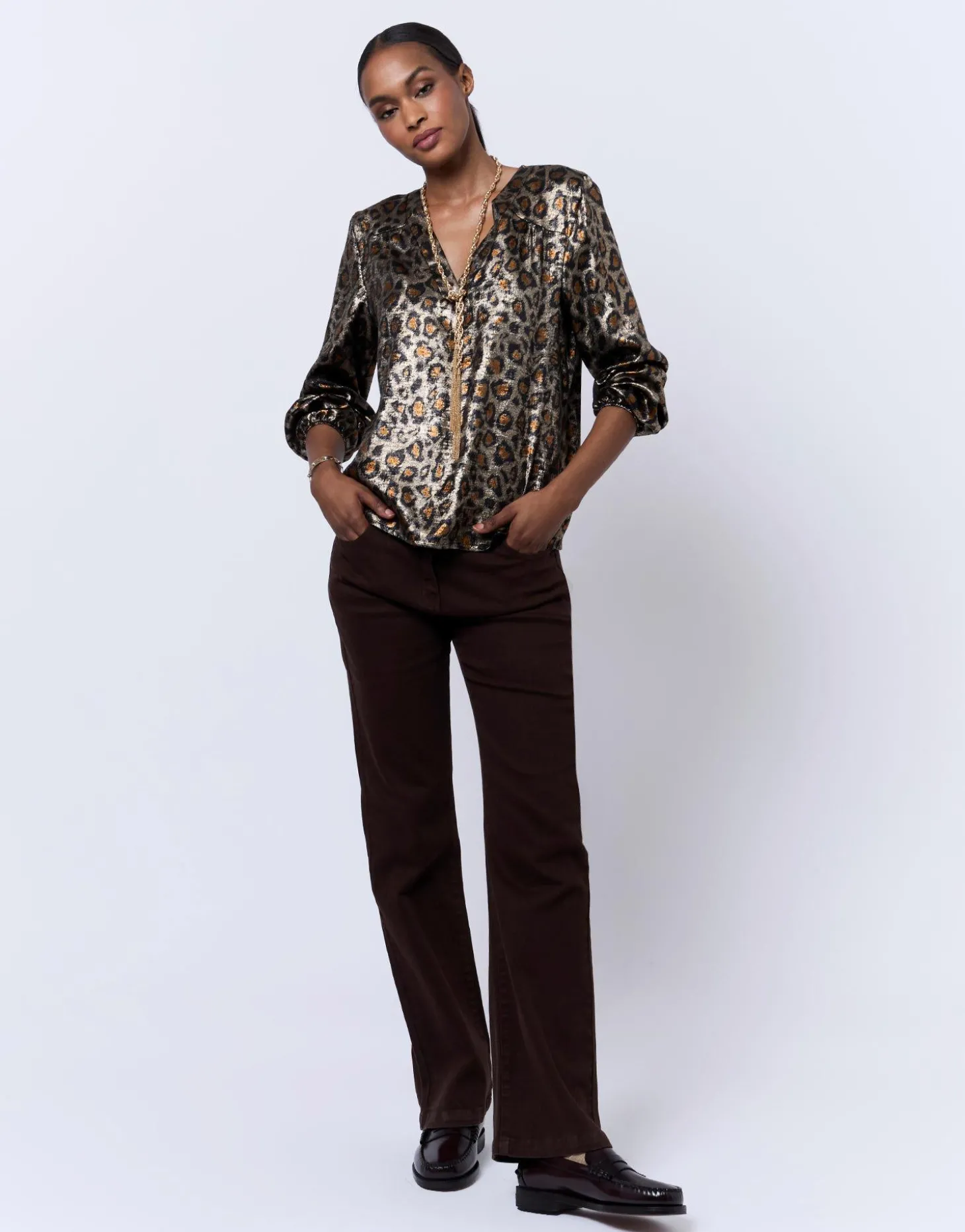 Blouse manches longues imprimé léopard MARRON Femme