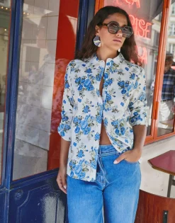 Chemisier manches longues imprimé à fleurs BLEU Femme