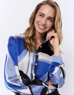 Chemisier manches longues imprimé graphique BLEU Femme