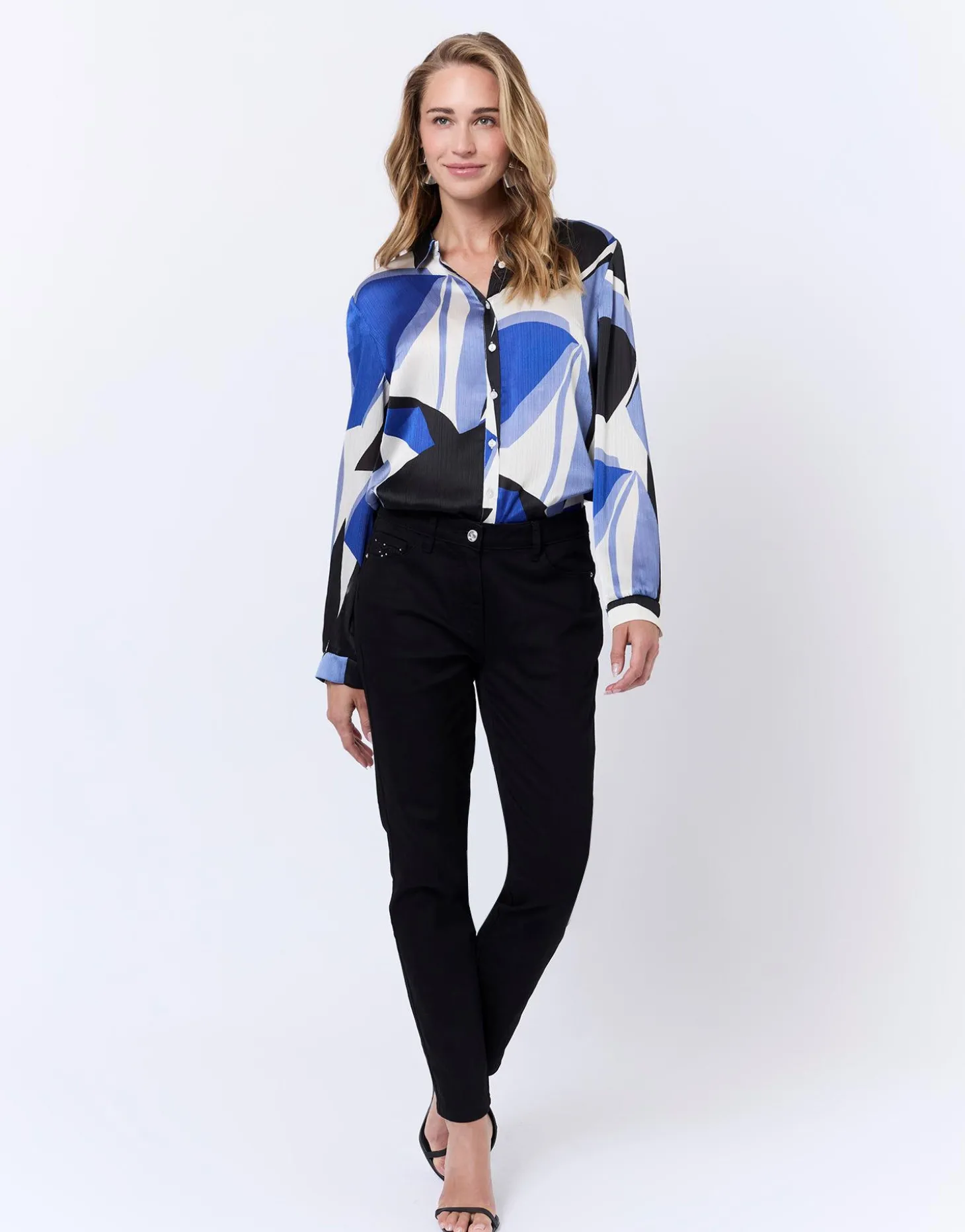 Chemisier manches longues imprimé graphique BLEU Femme