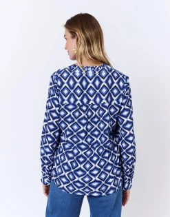 Chemisier manches longues imprimé graphique BLEU Femme