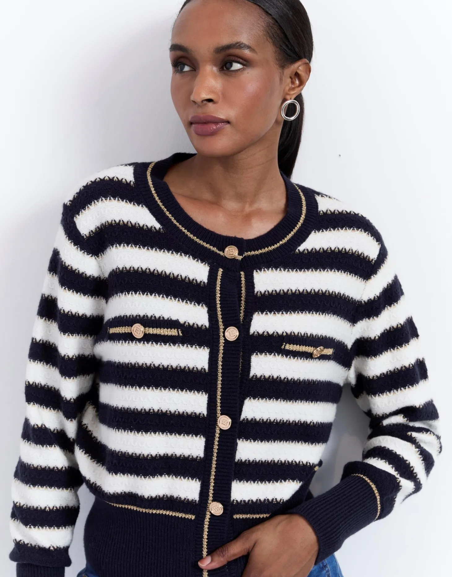 Gilet court en mélange laine rayé MARINE Femme