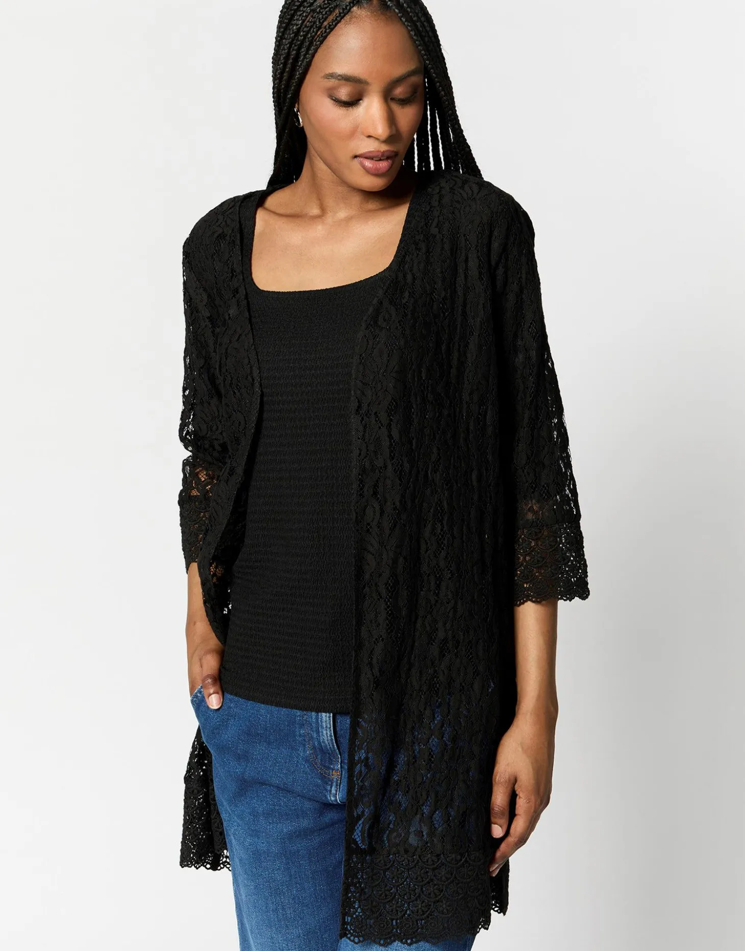 Gilet manches 3/4 en dentelle uni NOIR Femme