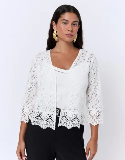 Gilet manches 3/4 en dentelle uni BLANC Femme