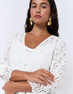 Gilet manches 3/4 en dentelle uni BLANC Femme