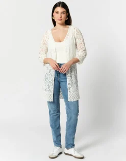 Gilet manches 3/4 en dentelle uni BLANC Femme