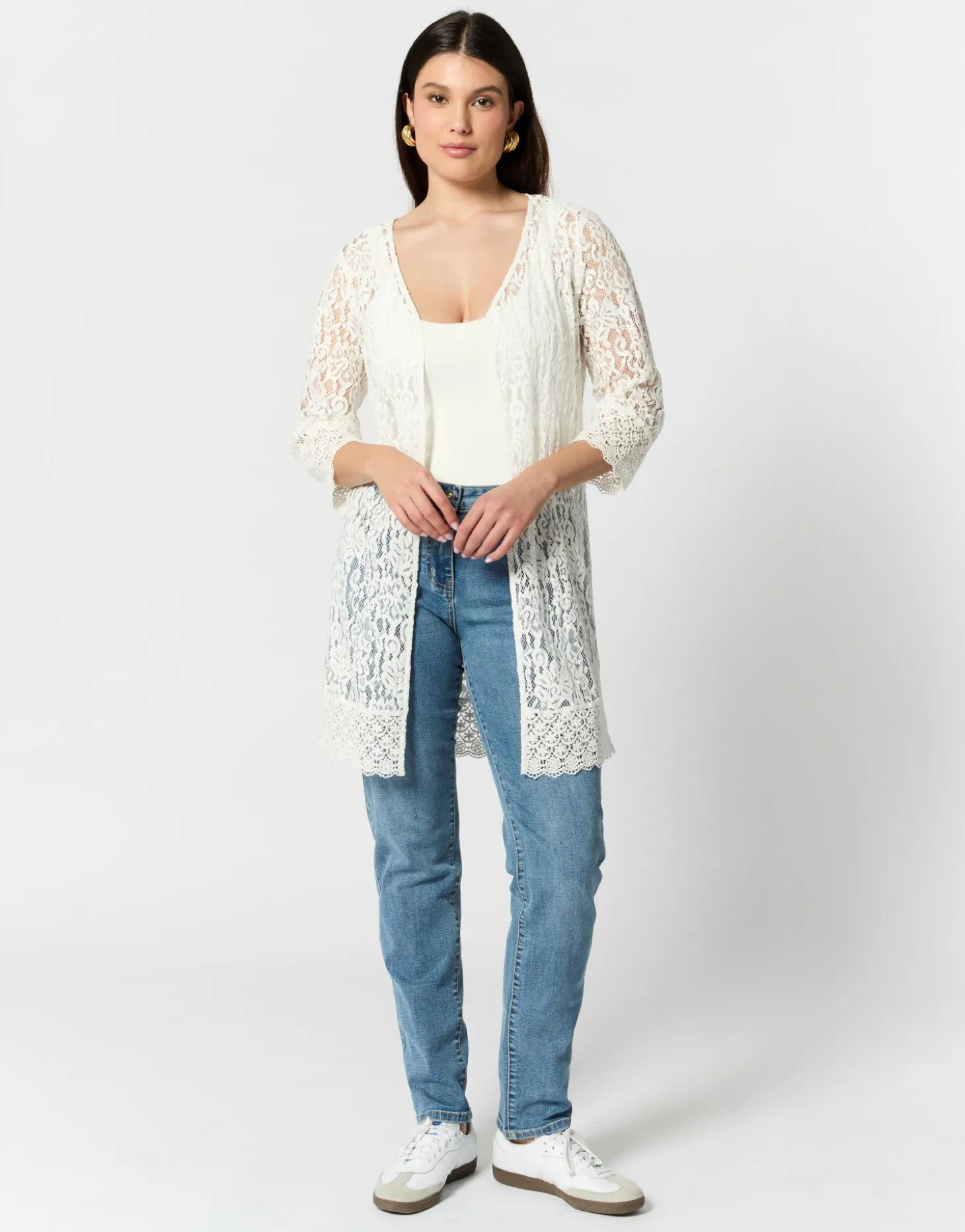 Gilet manches 3/4 en dentelle uni BLANC Femme