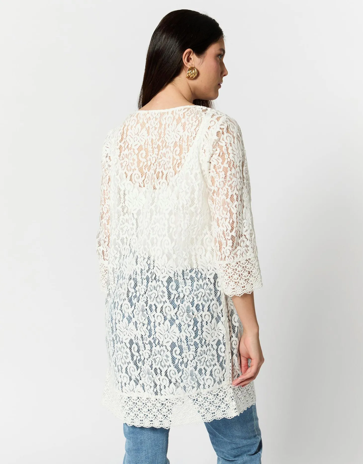 Gilet manches 3/4 en dentelle uni BLANC Femme