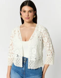 Gilet manches 3/4 en dentelle uni BLANC Femme