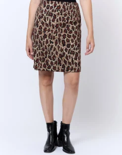 Jupe courte droite en jacquard imprimé léopard BEIGE