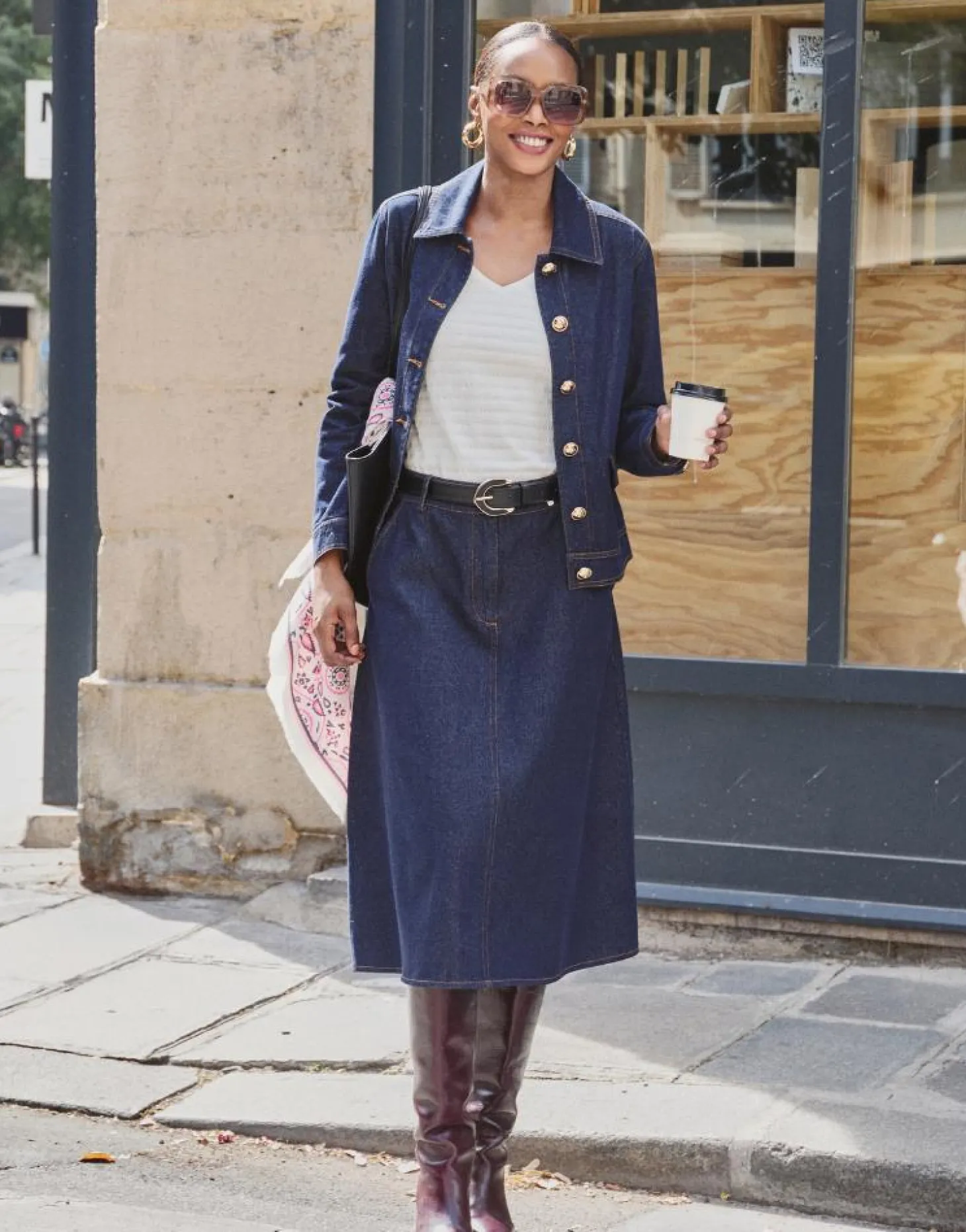 Jupe midi en denim unie MARINE