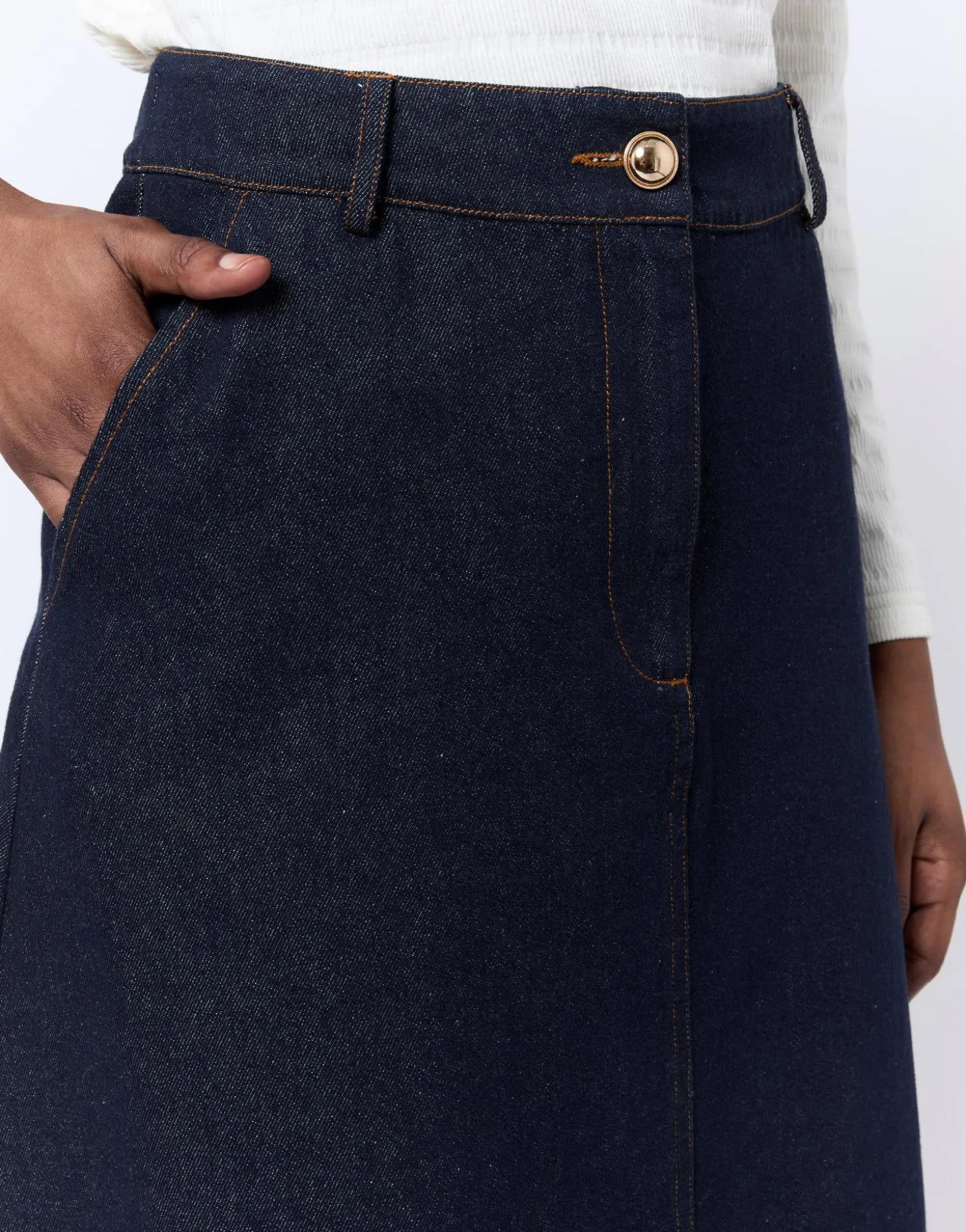 Jupe midi en denim unie MARINE