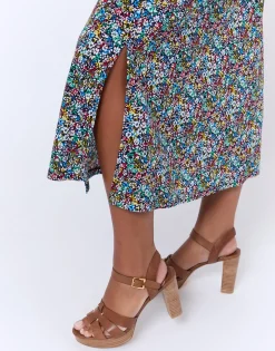 Jupe midi évasée imprimé à fleurs MULTICOLORE