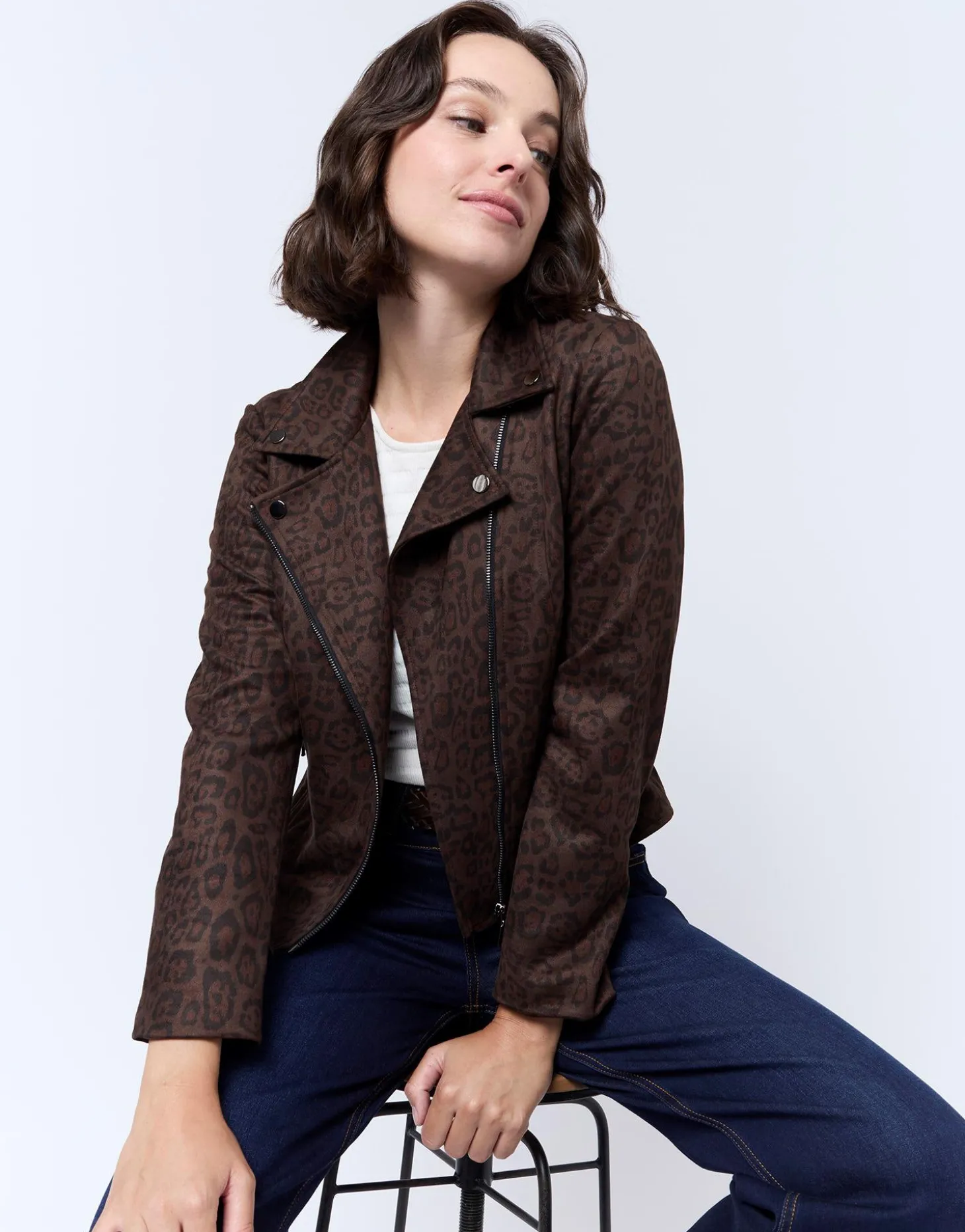 Perfecto court en suédine imprimé léopard MARRON Femme
