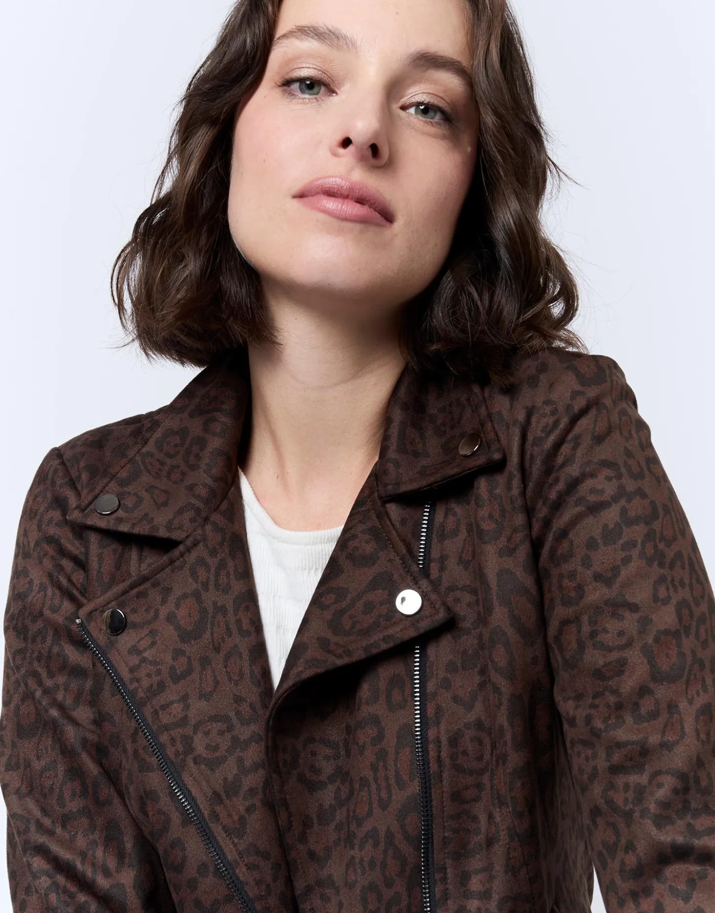 Perfecto court en suédine imprimé léopard MARRON Femme