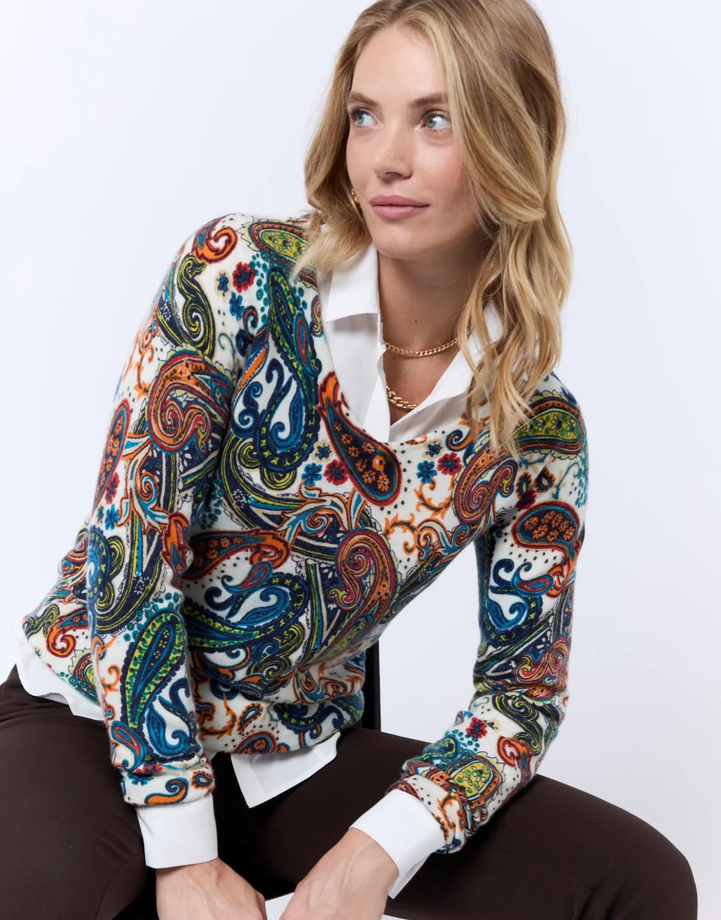 Pull fin en mélange cachemire imprimé MULTICOLORE Femme