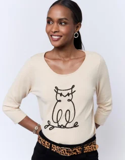 Pull fin uni décoré BEIGE Femme