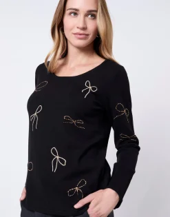 Pull fin uni décoré NOIR Femme