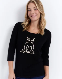 Pull fin uni décoré NOIR Femme