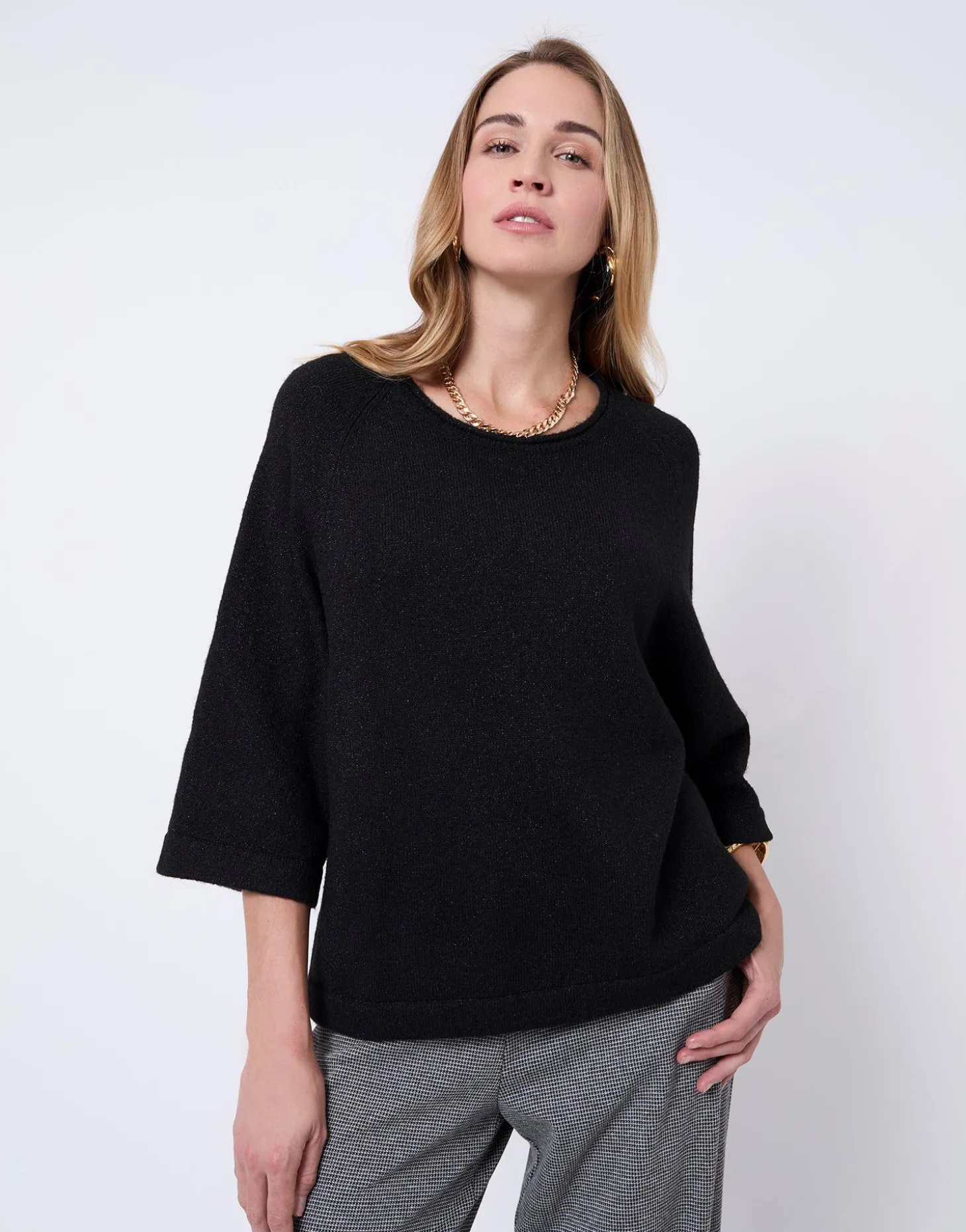 Pull épais court en mélange laine uni NOIR Femme
