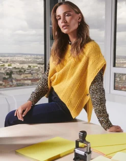 Pull épais court en mélange laine uni JAUNE Femme