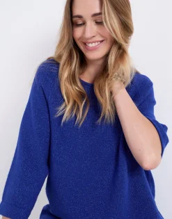 Pull épais court en mélange laine uni BLEU Femme