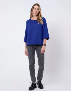 Pull épais court en mélange laine uni BLEU Femme