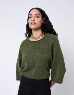 Pull épais court en mélange laine uni VERT Femme