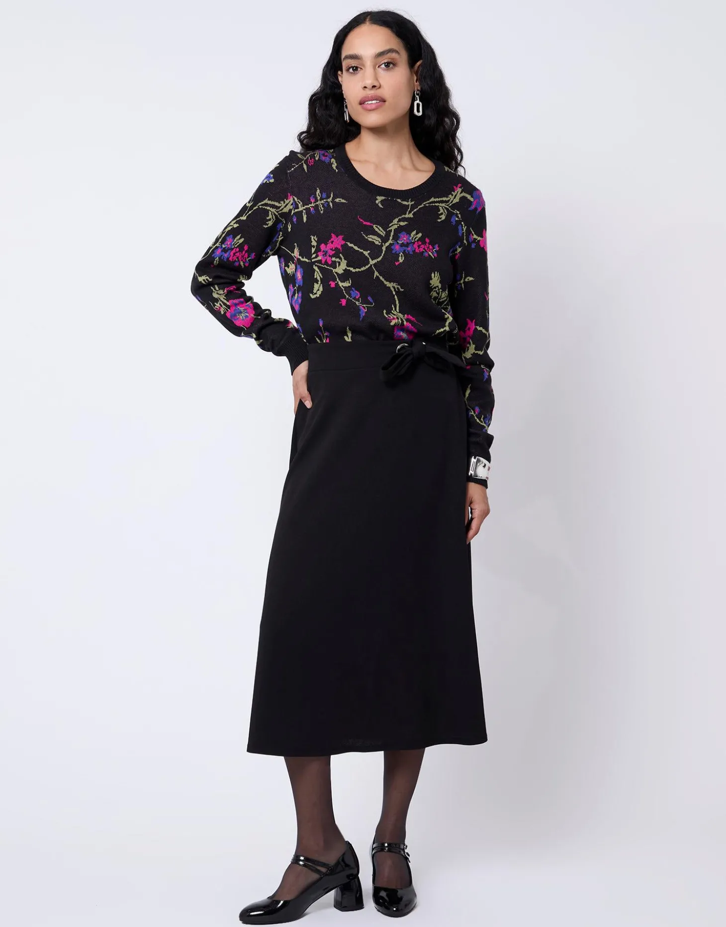 Pull épais en mélange coton Jacquard motif fleurs NOIR Femme