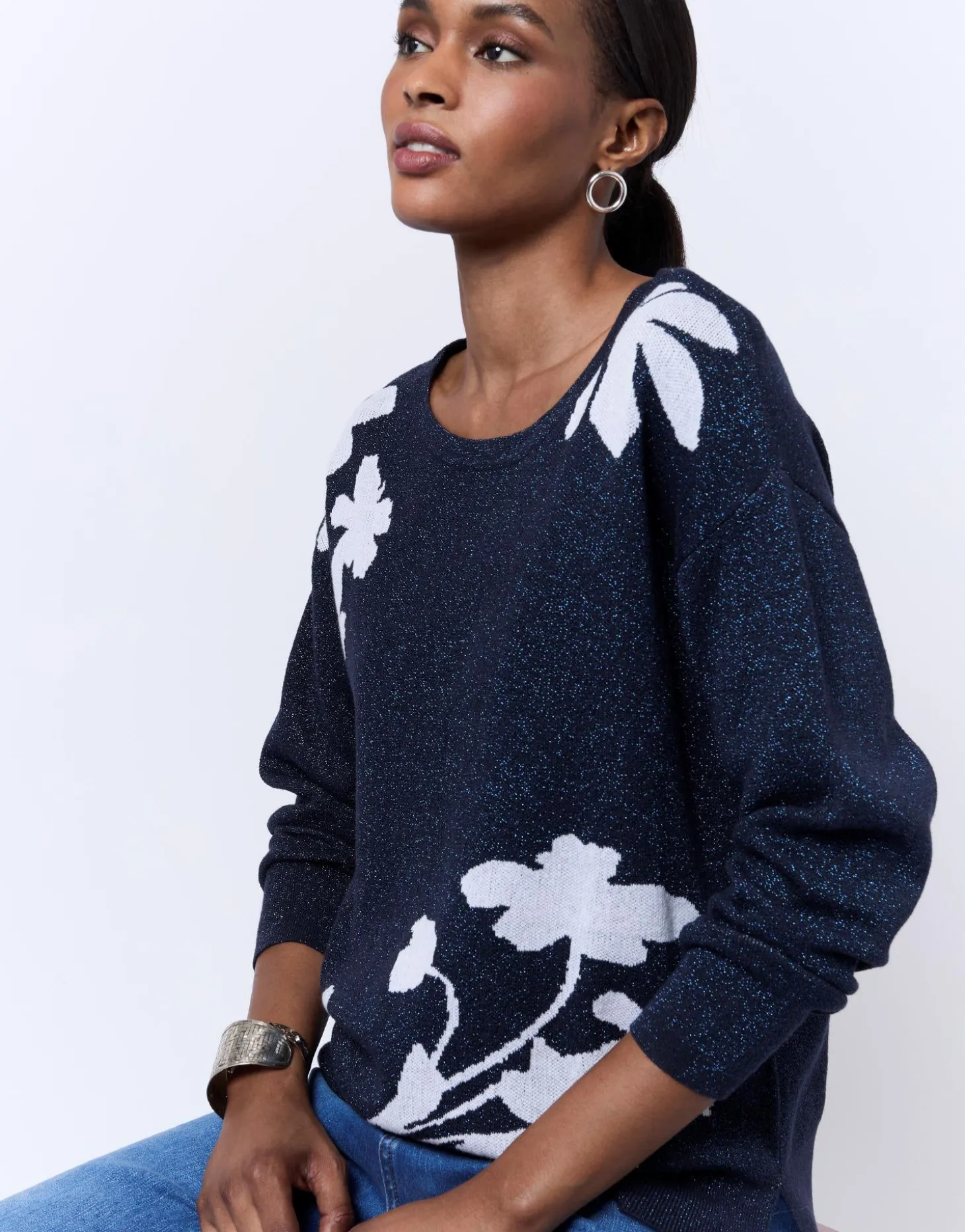 Pull épais en mélange coton bicolore MARINE Femme
