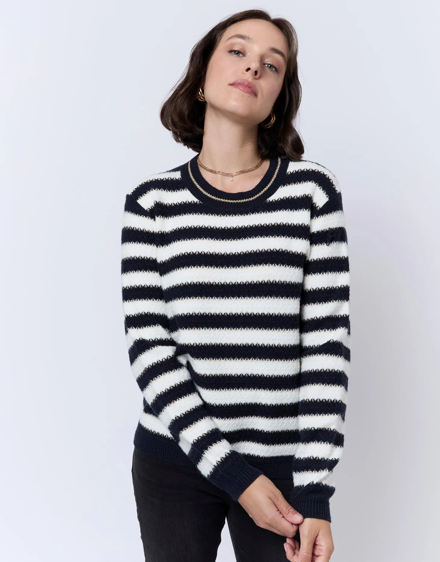 Pull épais en mélange laine rayé MARINE Femme