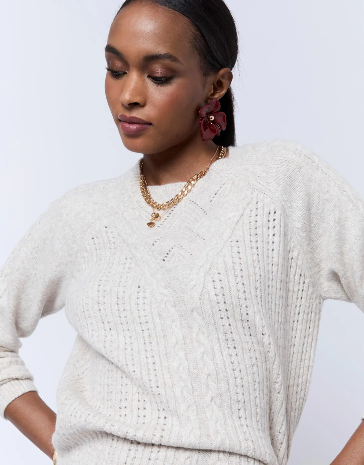 Pull épais en mélange laine uni BEIGE Femme