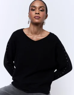 Pull épais uni décoré NOIR Femme