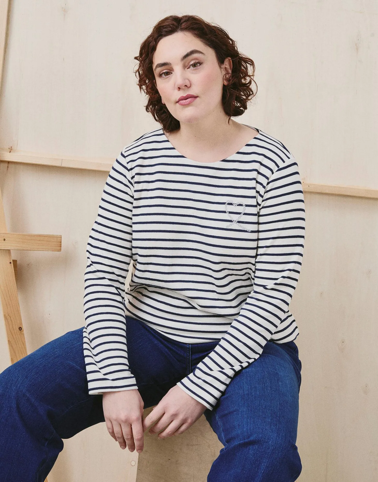 Tee-shirt marinière manches longues en mélange coton rayée MARINE Femme