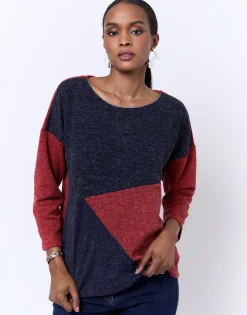 Top manches 3/4 color bloc MARINE Femme
