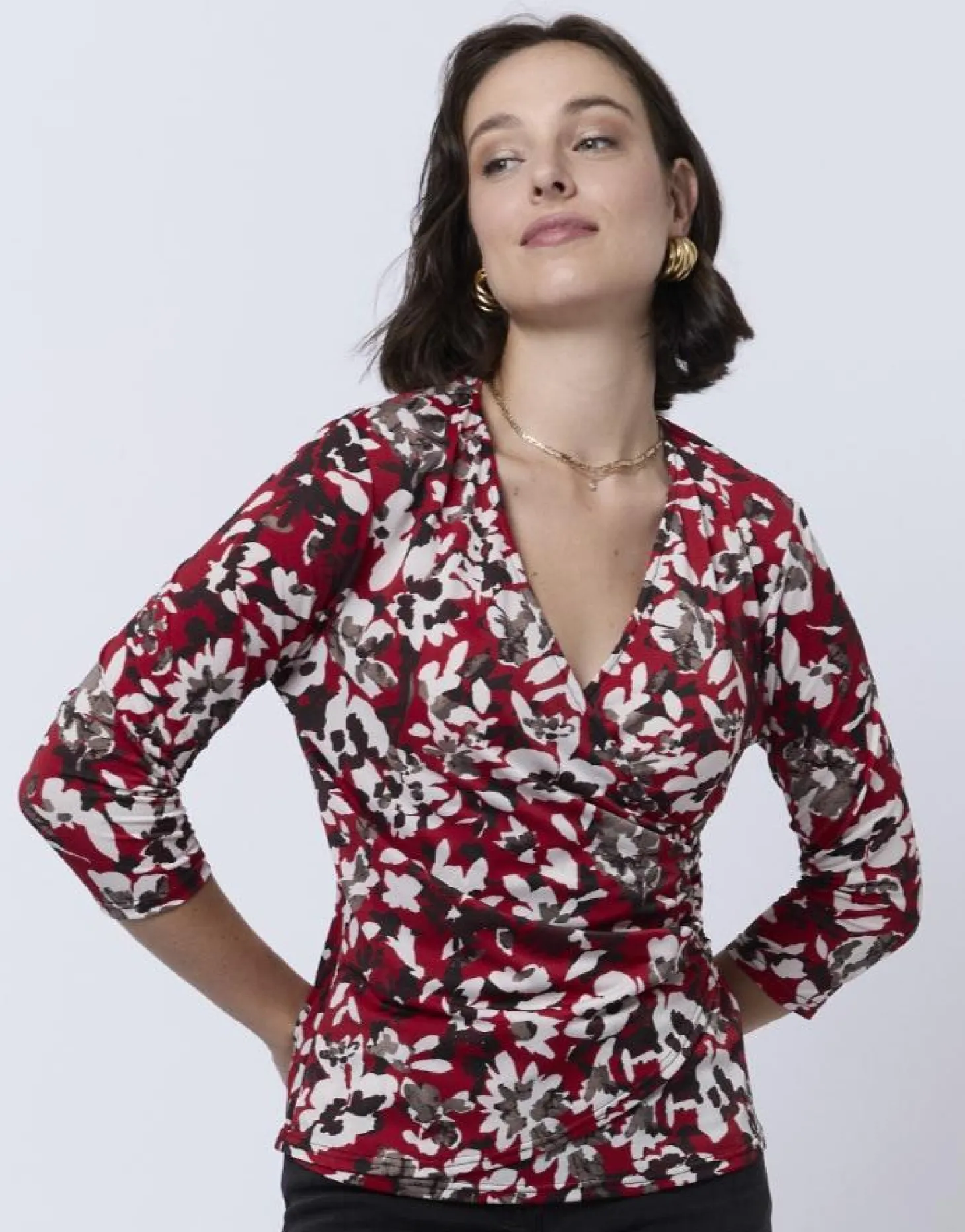Top manches 3/4 imprimé à fleurs ROUGE Femme