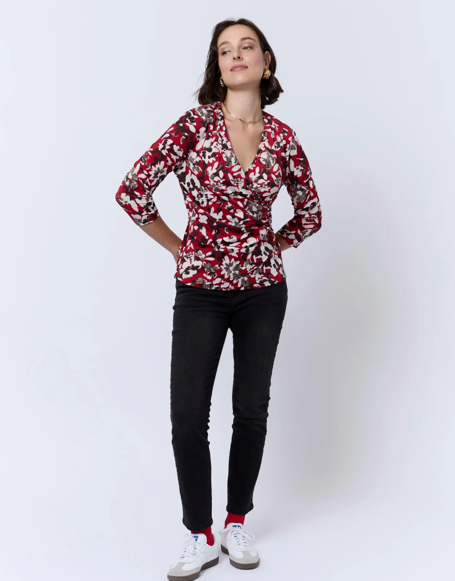 Top manches 3/4 imprimé à fleurs ROUGE Femme