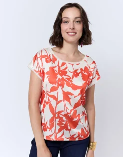 Top manches courtes bi-matière imprimé à fleurs ORANGE Femme