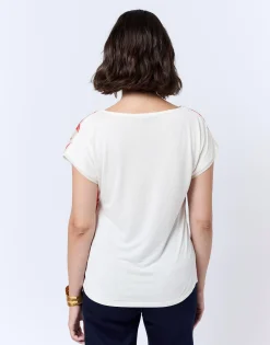 Top manches courtes bi-matière imprimé à fleurs ORANGE Femme