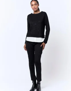 Top manches longues bi-matière bicolore NOIR Femme
