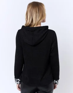 Top manches longues uni décoré NOIR Femme