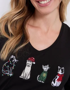 T-Shirt manches 3/4 uni décoré NOIR Femme