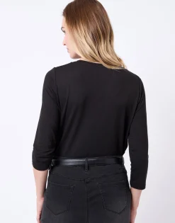 T-Shirt manches 3/4 uni décoré NOIR Femme