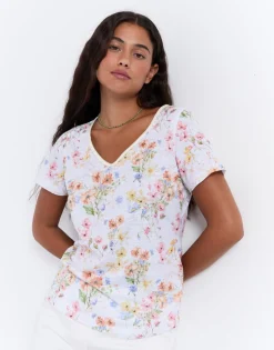 T-Shirt manches courtes imprimé à fleurs BLANC Femme