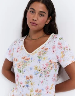 T-Shirt manches courtes imprimé à fleurs BLANC Femme
